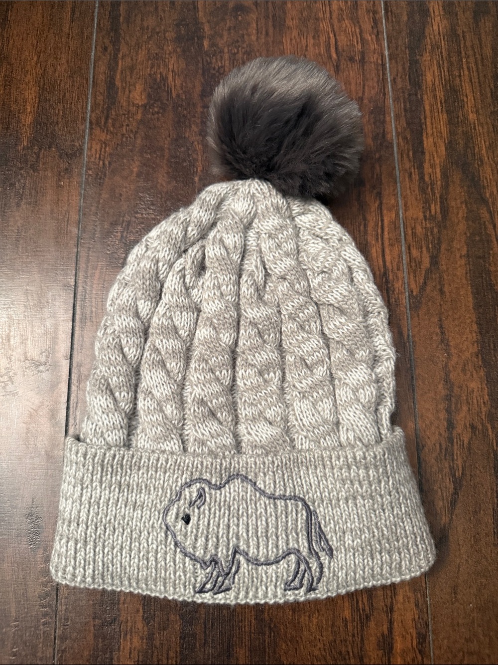 Kids Gray Knit Pom Beanie with Buffalo Embroidery